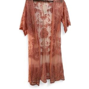 Ember Long Lace Overlay Embroidered Open Front Cardigan Robe Cover Up, Kimono, M